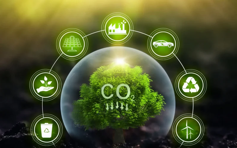 Blog image illustrating decarbonization in manufacturing, featuring clean energy, modern facilities, and emissions reduction technologies, shared by Relevant Solutions as part of a practical guide.